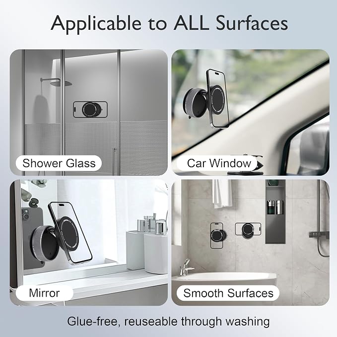 CornrStr Mirror Phone Holder for Shower Magsafe Compatible - Instant Suction Reusable Shower Phone Holder for Windshield, Car, Travel, Gym, Portable, Fits Android & iPhone 17, 16, 15