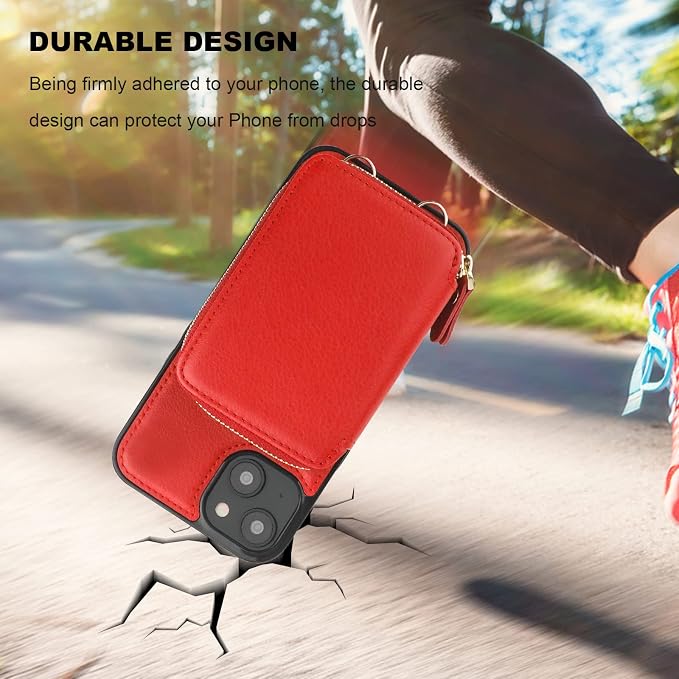 Bocasal RFID Blocking Wallet Case for iPhone 14 Plus, Adjustable Crossbody Zipper Purse Case Card Holder with Kickstand Detachable Wrist Strap, PU Leather Flip Folio Case 6.7 Inch 5G (Red)