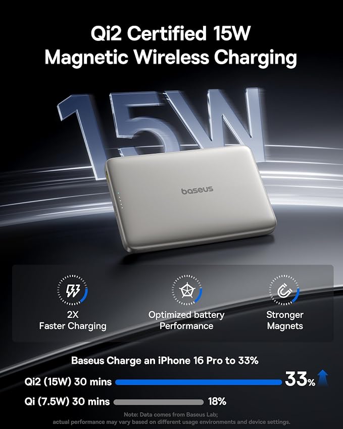 Baseus Picogo Magsafe Portable Charger, Qi2 15W 0.5" Ultra Slim 10000mAh Wireless Power Bank, 27W Fast Charging Magnetic Battery Pack with USB-C for iPhone 17 Pro Max/17 Pro/Air/16/15/14/13/12
