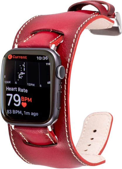 HARDISTON Cuff Watch Band Compatible with Apple 42mm (Ser.10) for Men & Women, Handmade Genuine Leather, Compatible with iWatch Series 11 10 9 8 7 6 5 4 3 2 1 SE Ultra, Wristband, Small/Band-Red