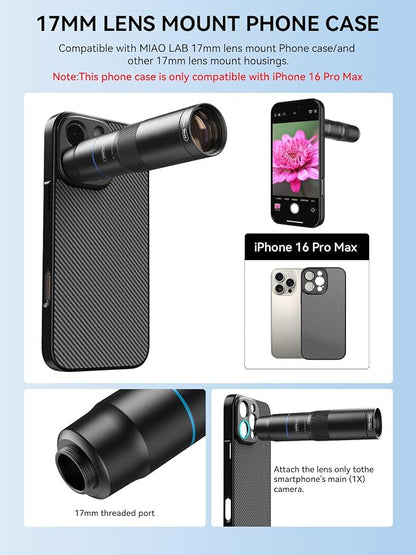 MIAO LAB HD 10X Telephoto Lens & 200mm Macro Lens, 2-in-1 Aluminum Phone Camera Lens Kit with 17mm Lens Thread Interface Mobile Phone case. Phone Lens Attachment Fit for iPhone 16 Pro Max