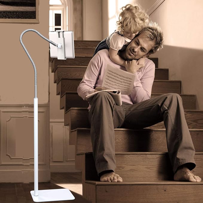 Tablet Floor Stand with Flexible Gooseneck and Stable Aluminum Base Suitable for 3.5” - 10.6” Smart Phone & Tablet White