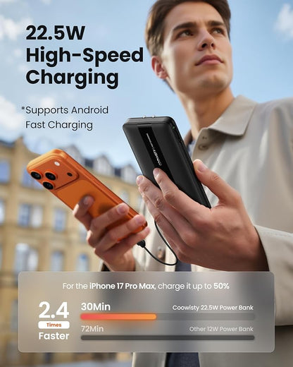 Portable Charger with Wall Plug, Fast Charging Power Bank Built-in Cables, Slim 10500mAh 22.5W 4 Outputs 3 Inputs LED Display External Battery Pack Compatible with iPhone/Android (Black)