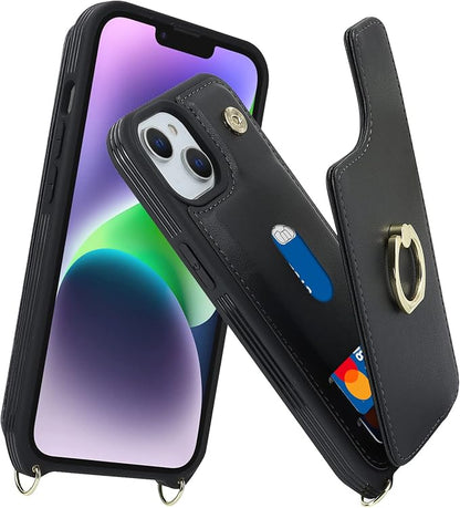 Lipvina for iPhone 14 Plus Case with Card Holder and Strap for Women,Crossbody Lanyard,RFID Blocking,Stand Ring Kickstand,Snap Clasp,Phone Wallet Cases 6.7 inch(Black)