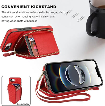 Bocasal Crossbody Wallet Case for iPhone 17e/16e, RFID Blocking PU Leather Zipper Handbag Purse Flip Cover, Kickstand Folio Case with Card Slots Holder Wrist Strap Lanyard 6.1 Inch 5G (Red)