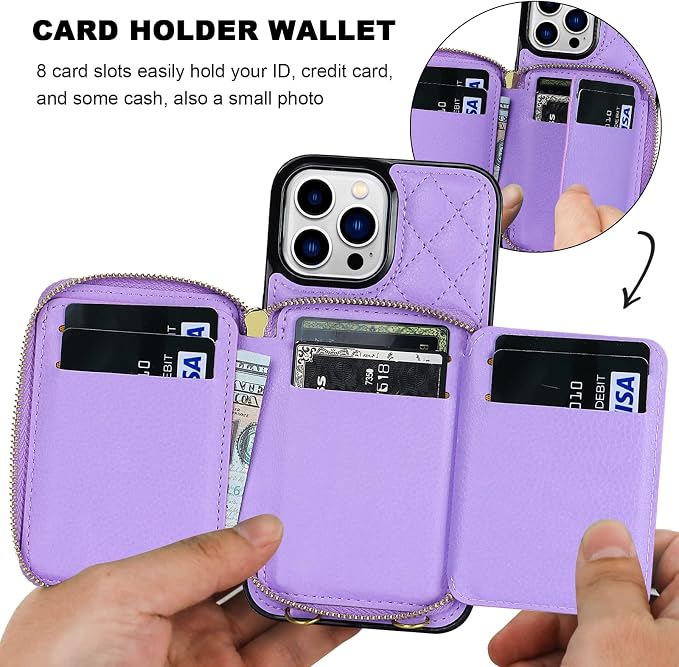 Bocasal Crossbody Wallet Case for iPhone 13 Pro Max, RFID Blocking PU Leather Zipper Handbag Purse Flip Cover, Kickstand Folio Case with Card Slots Holder Wrist Strap Lanyard 5G 6.7 Inch (Purple)
