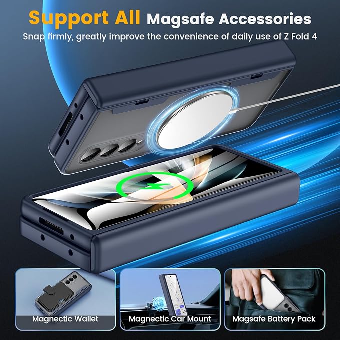 Caka Magnetic for Samsung Galaxy Z Fold 4 Case with Hinge Protection Blue | Compatible with MagSafe, Built-in Outer Screen Protector, Hinge Guard, Translucent Matte Back, 360° Hybrid Drop Defense