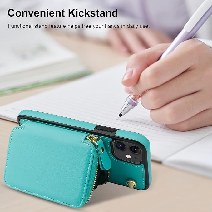 Bocasal Crossbody Wallet Case for iPhone 11, RFID Blocking Leather Purse Case with Card Holder, Protective Handbag Flip Cover with Zipper Wrist Strap Lanyard for Women 6.1 Inch (Mint Green)