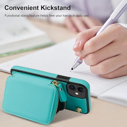 Bocasal Crossbody Wallet Case for iPhone 11, RFID Blocking Leather Purse Case with Card Holder, Protective Handbag Flip Cover with Zipper Wrist Strap Lanyard for Women 6.1 Inch (Mint Green)
