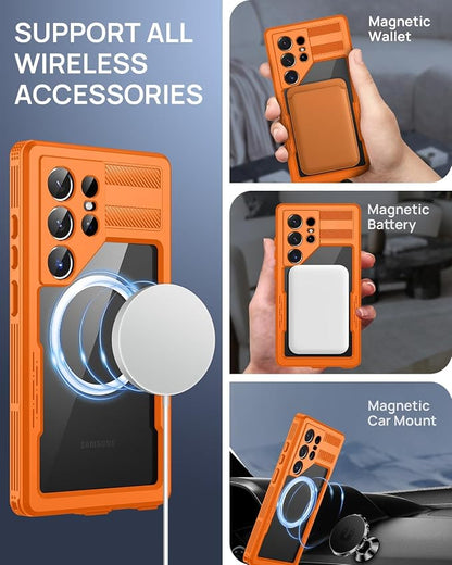 Lanhiem Magnetic for Samsung Galaxy S26 Ultra Case, IP68 Waterproof Dustproof Case, [Compatible with Magsafe] [Built-in Lens & Screen Protector] Full Body Shockproof Rugged Phone Case 6.9 inch, Orange