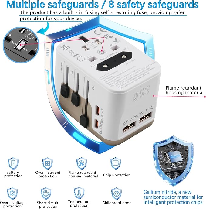 Universal Travel Adapter with 4 Ports (2 USB-C & 2 USB-A) Fast Charging 35W Worldwide All-in-One Power Adapter for USA, Europe, UK, Australia & 150+ Countries