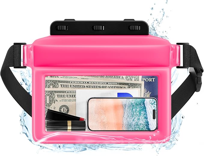 JOTO Large Floating Waterproof Phone Pouch with Adjustable Waist Strap, Water Proof Fanny Pack Dry Bag Wallet for Cellphone Passport Watch and Valuables, Beach Essential for Swimming Snorkeling -Pink