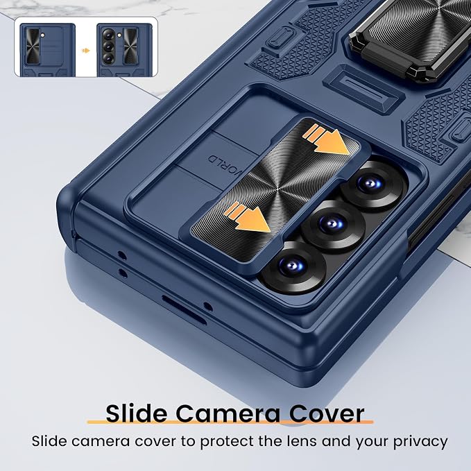 VEGO for Samsung Fold 6 Case with Slide Camera Cover&Hinge Protection,Blue | Built-in Screen Protector & 360°Rotecting Ring Stand, Shockproof Protective Phone Case for Samsung Z Fold 6 5G 2024