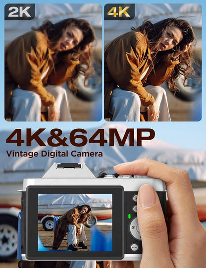 4K Retro Vintage Digital Camera: 64MP Retro 3” IPS Screen Camera with 6X Optical Zoom, WiFi Transfer Autofocus Rechargeable for Travel Vlogging and Gifts