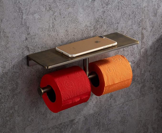Toilet Paper Holder, Solid Brass Double Roll Toilet Paper Holder with Shelf | Extra-Large Storage for Phone, Glasses | Heavy-Duty for Modern & Commercial Bathrooms, Brushed Bronze Finish
