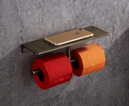 Toilet Paper Holder, Solid Brass Double Roll Toilet Paper Holder with Shelf | Extra-Large Storage for Phone, Glasses | Heavy-Duty for Modern & Commercial Bathrooms, Brushed Bronze Finish