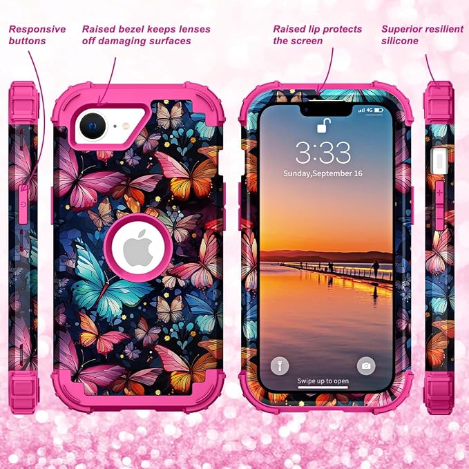 Hocase for iPhone 17e/iPhone 16e Case, Heavy Duty Shockproof Protection Hard Plastic+Silicone Rubber Hybrid Protective Phone Case for iPhone 17e/16e 6.1" - Flying Butterfly