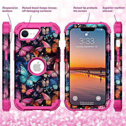 Hocase for iPhone 17e/iPhone 16e Case, Heavy Duty Shockproof Protection Hard Plastic+Silicone Rubber Hybrid Protective Phone Case for iPhone 17e/16e 6.1" - Flying Butterfly