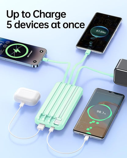 RONEGN Portable Charger with Built in Cable -20000mAh Fast Charging Power Bank USB C Slim 22.5W LED Display Battery Pack 5 Outputs & 3 Inputs for Travel Essentials iPhone Samsung Phones Green
