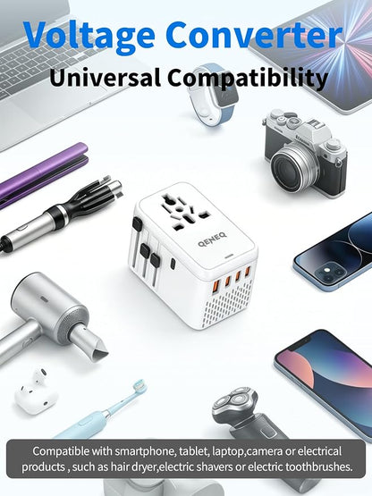 220V to 110V Converter Universal Travel Adapter Compact Voltage Converter Step Down Power Adapter with 3 USB C & USB A Ports US Canada to Europe Plug Adapter UK AU for Hair Dryer (White)