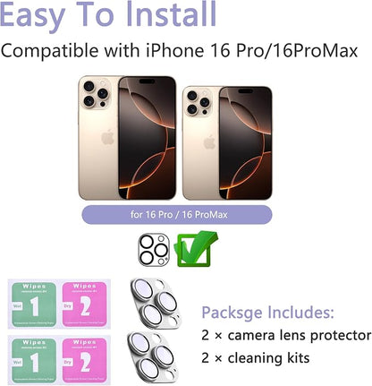2 Pack Camera Lens Protector for iPhone 16 Pro/16 Pro Max,[Not Easy to Breakn ] AR Tempered Glass Strong Adsorption Metal Camera Cover Screen-Silvery