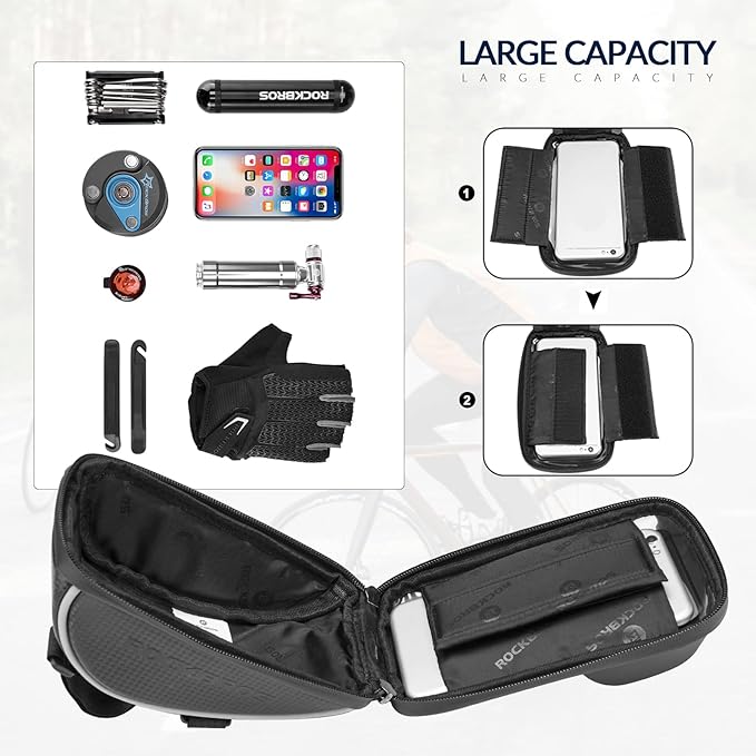 ROCKBROS Bike Phone Mount Bag Bike Front Frame Handlebar Bag Waterproof Bike Phone Holder Case Bicycle Accessories Pouch Sensitive Touch Screen Compatible with iPhone Below 6.5"