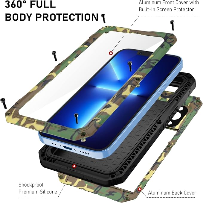 Beasyjoy for iPhone 13 Pro Max Case Waterproof, Metal Military Grade Case with Built in Screen Protector, Heavy Duty Full Body Protective Defender Rugged Underwater Phone Case 6.7'' (Camo)