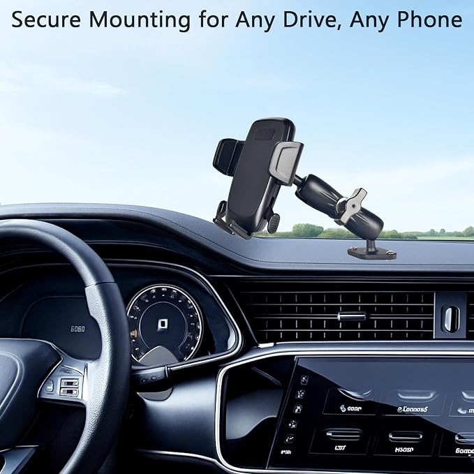 1" Ball Phone Mount – Aluminum Alloy Arm & Base, Double Ball Joint, 360° Adjustable, Screw-Mounted Base, Fits RAM B Size System – Universal Holder for Car, Truck, Van, Desk, Wall, Dashboard
