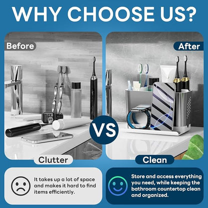 Bathroom Countertop Organizer with Front Ledge for Phone, Detachable Kids Toothbrush Holders with Cord Slots and Ring Holder, 6 Slots Toothbrush Toothpaste Holder with Drainage for Family