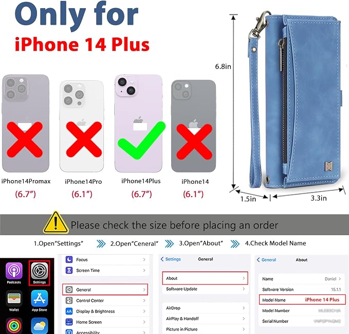 Wallet Case for iPhone 14 Plus with Card Holder/Crossbody Wallet/Strap| RFID Blocking | Magnetic | Kickstand | Detachable | PU Leather Phone Case for iPhone 14 Plus,6.7 in,Sky Blue