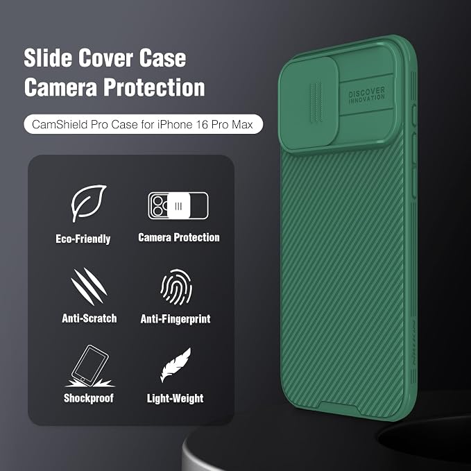 Nillkin for iPhone 16 Pro Max Case with Slide Camera Cover, [Full Camera Protection][Anti-Scratch] Military-Grade Protection, Anti-Fingerprint, Slim Phone Case for iPhone 16 Pro Max 6.9'' Green