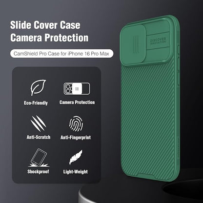 Nillkin for iPhone 16 Pro Max Case with Slide Camera Cover, [Full Camera Protection][Anti-Scratch] Military-Grade Protection, Anti-Fingerprint, Slim Phone Case for iPhone 16 Pro Max 6.9'' Green