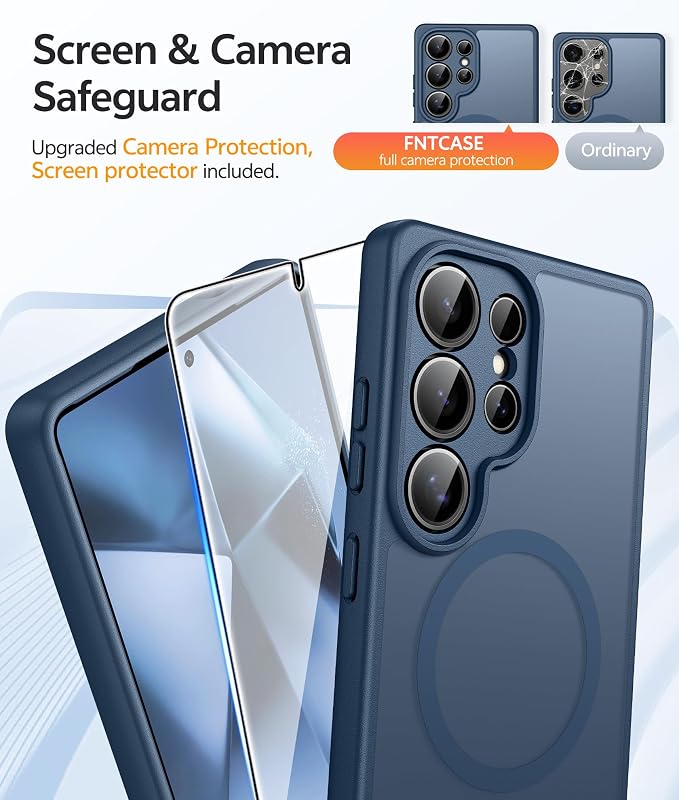 FNTCASE for Samsung Galaxy S24 Ultra Case, Compatible with Magsafe Blue | Screen Protector, Full Camera Protection, Translucent Matte, 14FT Military Grade Drop Proof, Protective Phone Cover