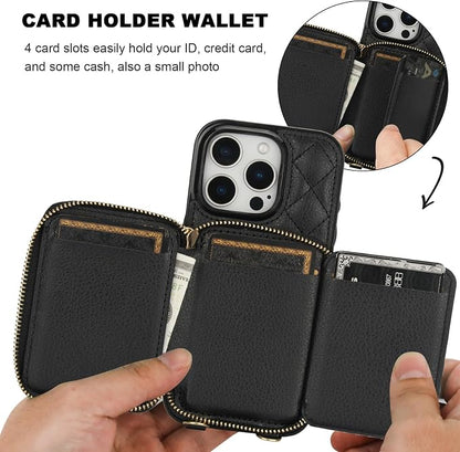 Bocasal Crossbody Wallet Case for iPhone 16 Pro, RFID Blocking PU Leather Zipper Handbag Purse Flip Cover, Kickstand Folio Case with Card Slots Holder Wrist Strap Lanyard 5G 6.3 Inch (Black)