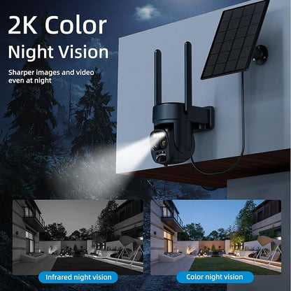 Hawkray Pannel Solar Wireless Outdoor Security Camera， Dual-Lens, 10xZoom, 2K Resolution 3MP 360°Pan/Tilt，2.4&5G WiFi Battery Powered Camera with Spotlight Alarm PIR Motion Detection