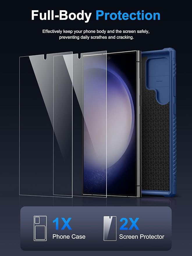 Vihibii for Samsung Galaxy S23 Ultra Case with Card Holder (4 Cards), Built-in 2X Tempered Glass Screen Protector & Slide Camera Cover & Kickstand, Rugged & Shockproof Phone Case for S23 Ultra, Blue