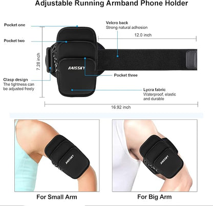 3 Pockets Running Phone Armband Holder for iPhone 16 15 14 Pro Max 13 Plus 12 11 XS XR X 8 7 Galaxy S23 Pouch Key Card Bag, Water Resistant Cell Phone Sport Arm Bands for Exercise Walking Workout Gym
