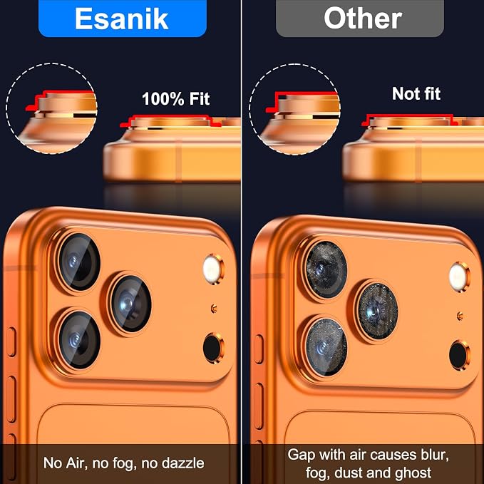 Esanik Upgrade 2 Pack for iPhone 17 Pro Max Camera Lens Protector, Aluminum Alloy Metal matte Case Tempered Glass Camera Screen Cover, Scratch Resistant Case Friendly (Orange)