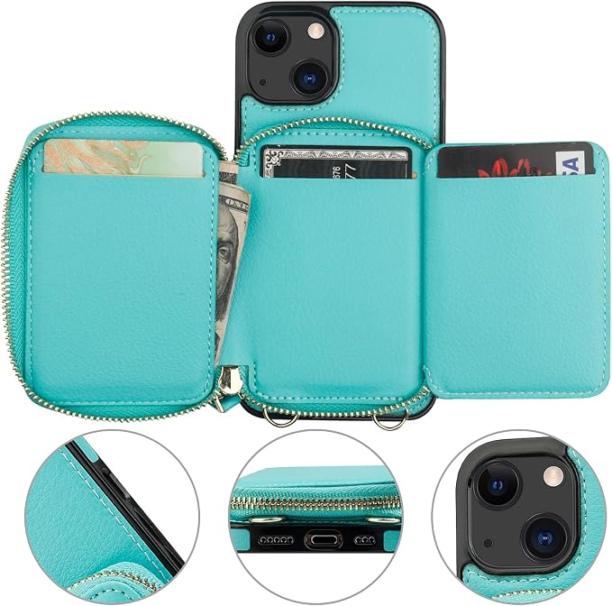 Bocasal RFID Blocking Wallet Case for iPhone 14 iPhone 13, Adjustable Crossbody Zipper Purse Case Card Holder with Kickstand Detachable Wrist Strap, PU Leather Flip Folio Case 6.1 Inch 5G (Mint Green)