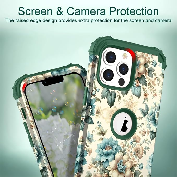 Hocase for iPhone 13 Pro Max Case, Heavy Duty Shockproof Protection Soft Silicone Rubber Bumper+Hard Plastic Hybrid Protective Case for iPhone 13 Pro Max (6.7") 2021 - Teal Blue Flowers