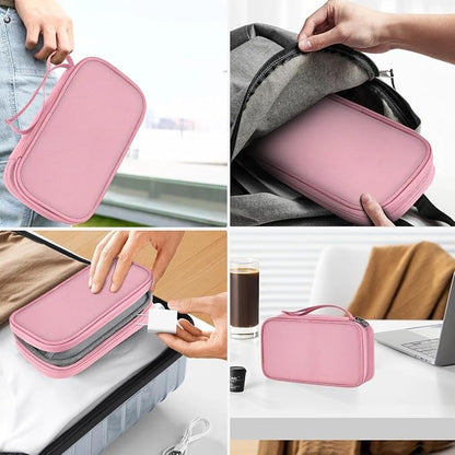 ZINMARK Portable Cable Organizer Case,Travel Pouch with Double-Layer Storage for Cables,Chargers,Earbuds & Phone,Pink