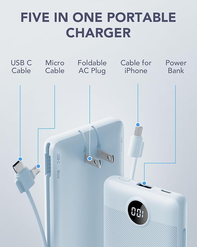 VRURC Portable Charger, Power Bank Built-in Cables and AC Wall Plug | USB C Power Bank 10000mAh, Travel Essentials Phone Charger Compact External Battery Pack For Smart Phones, Tablets etc-Blue