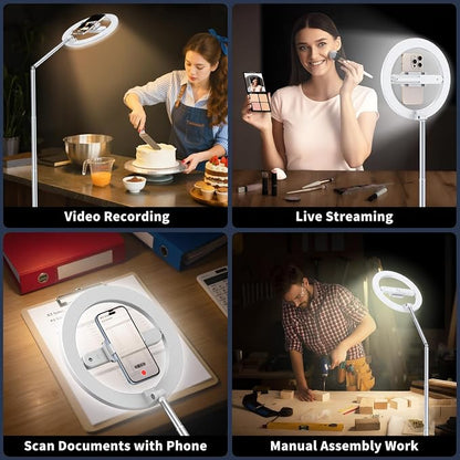 yAyusi 68.5" Overhead Phone Mount with Ring Light for iPhone, 3000mAh 360° Rotation Foldable Rechargeable Ring Light Phone Holder for Video Recording, Live Streaming, Artistic Creation, TikTok,YouTube