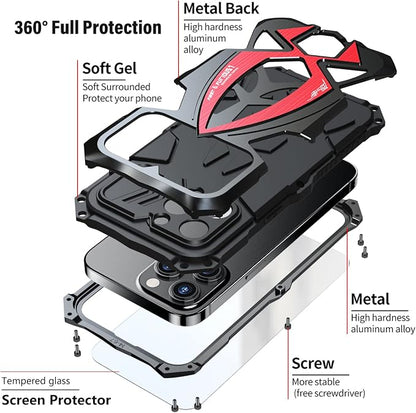 Armor Phone Case for iPhone 14 Pro Max Military Grade Cover 360 Full Protection Heavy Duty Hybrid Metal Bumper Built-in Silicone Shockproof with Screen Protector - Black + Red