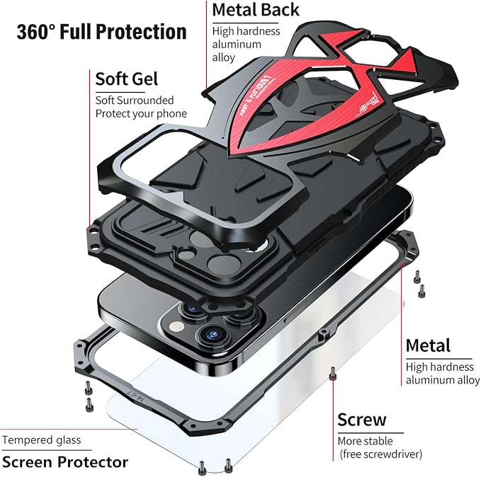 Armor Phone Case for iPhone 14 Military Grade Cover 360 Full Protection Heavy Duty Hybrid Metal Bumper Built-in Silicone Shockproof Dustproof with Screen Protector - Black + Red