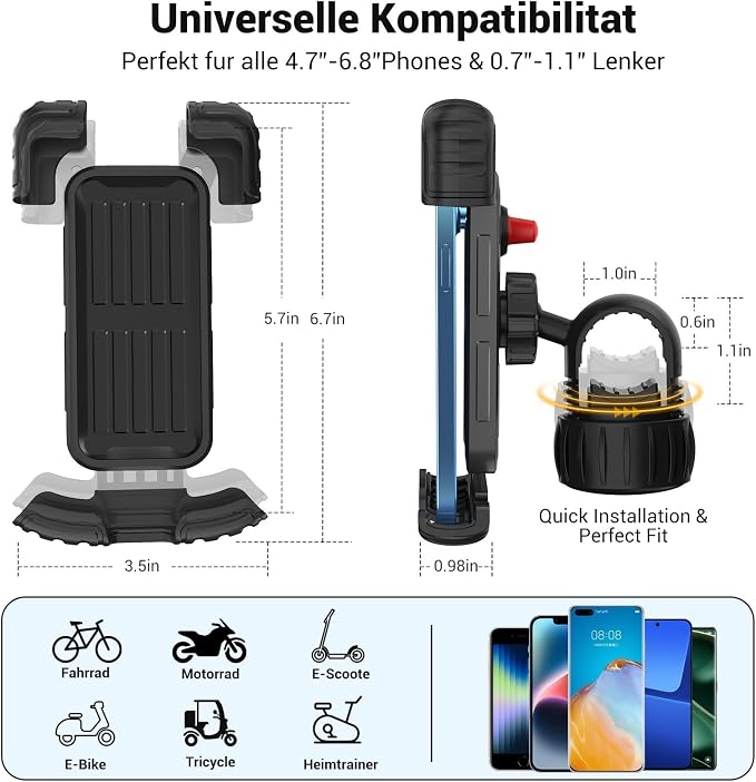 Bicycle Cell Phone Holder, 360 Degree Adjustable, Quick Mount, Bicycle Handlebar Cell Phone Holder for iPhone 16 15 14 Pro Max / 13/12, 4.7-7" Phones (Black)