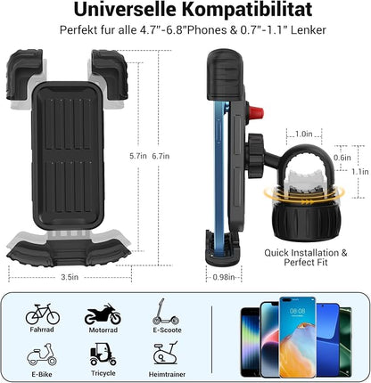 Bicycle Cell Phone Holder, 360 Degree Adjustable, Quick Mount, Bicycle Handlebar Cell Phone Holder for iPhone 16 15 14 Pro Max / 13/12, 4.7-7" Phones (Black)