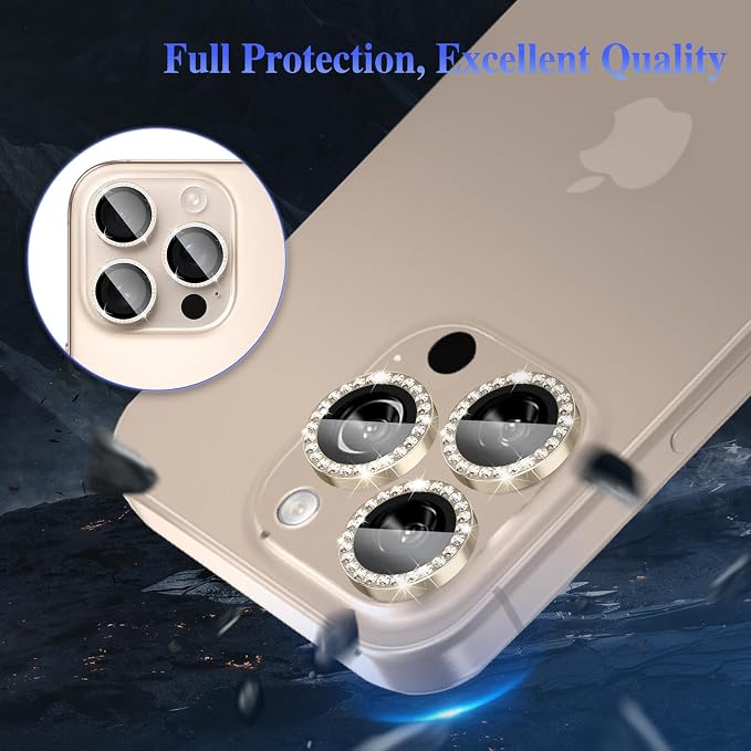 ShinKin Camera Lens Protector for iPhone 16 Pro/iPhone 16 Pro Max, Glitter Camera Cover, 9H Tempered Glass Individual Metal Ring Camera Protector for iPhone 16 Pro/16 Pro Max (Diamond - Titanium Gold)