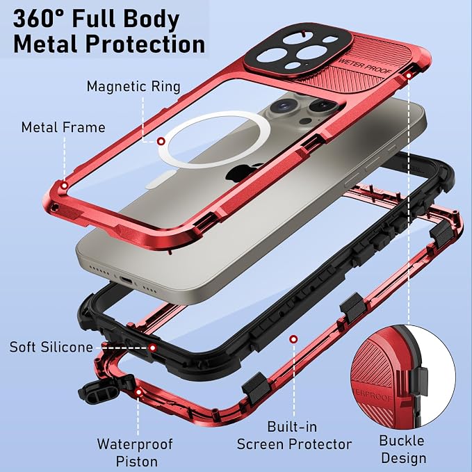WIFORT for iPhone 15 Pro Max Waterproof Case - Metal Shockproof Phone Case Built-in Screen Protector [IP68 Water Proof][14FT Military Grade ], Heavy Duty Full Body Drop Protection Cover, 6.7" Red