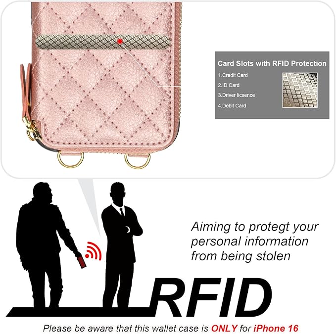 Bocasal Crossbody Wallet Case for iPhone 16, RFID Blocking PU Leather Zipper Handbag Purse Flip Cover, Kickstand Folio Case with Card Slots Holder Wrist Strap Lanyard 5G 6.1 Inch (Rose Gold)